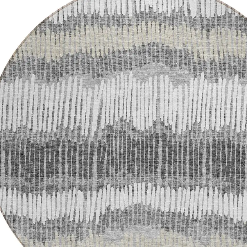 8' Gray Light Green And Ivory Round Striped Washable Indoor Outdoor Area Rug Photo 5