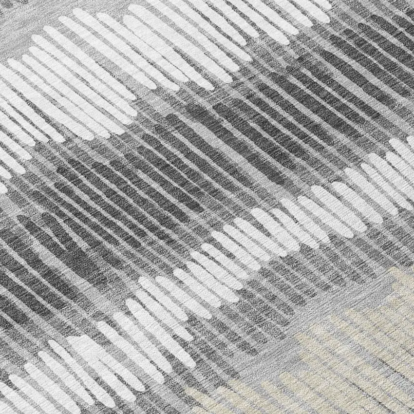 8' Gray Light Green And Ivory Round Striped Washable Indoor Outdoor Area Rug Photo 9