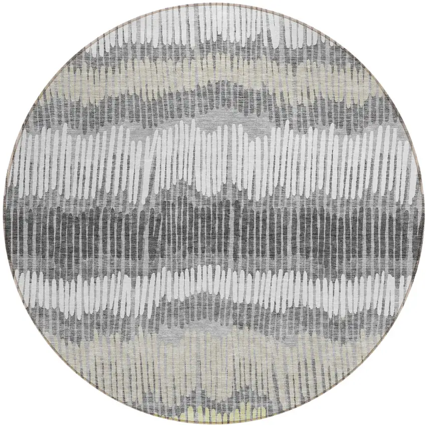 8' Gray Light Green And Ivory Round Striped Washable Indoor Outdoor Area Rug Photo 2