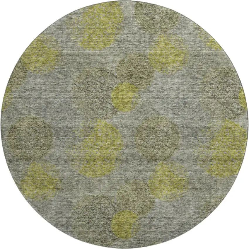 8' Gray Lime Green And Silver Abstract Washable Round Rug With UV Protection Photo 1