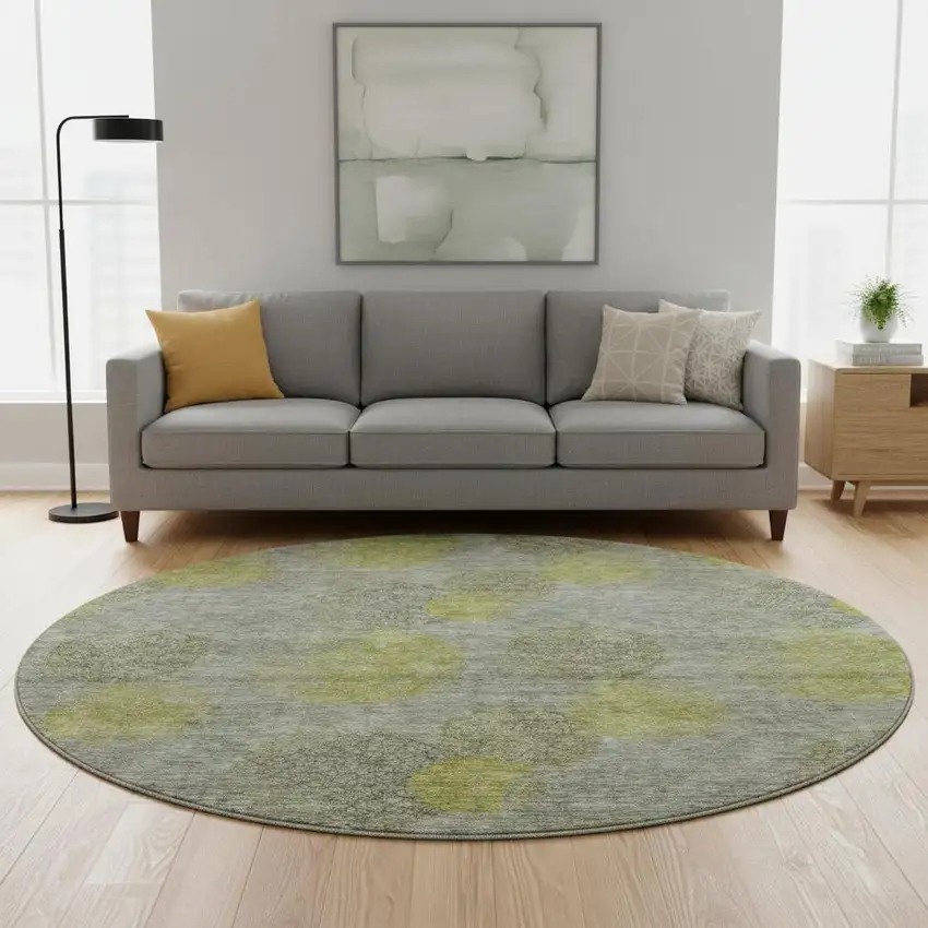 8' Gray Lime Green And Silver Abstract Washable Round Rug With UV Protection Photo 2