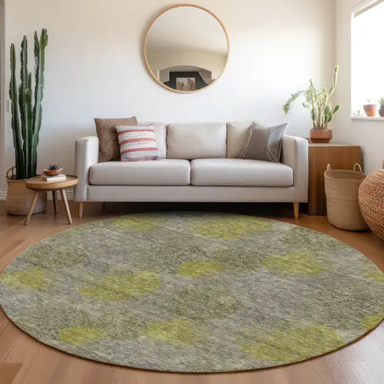 8' Gray Lime Green And Silver Abstract Washable Round Rug With UV Protection Photo 4