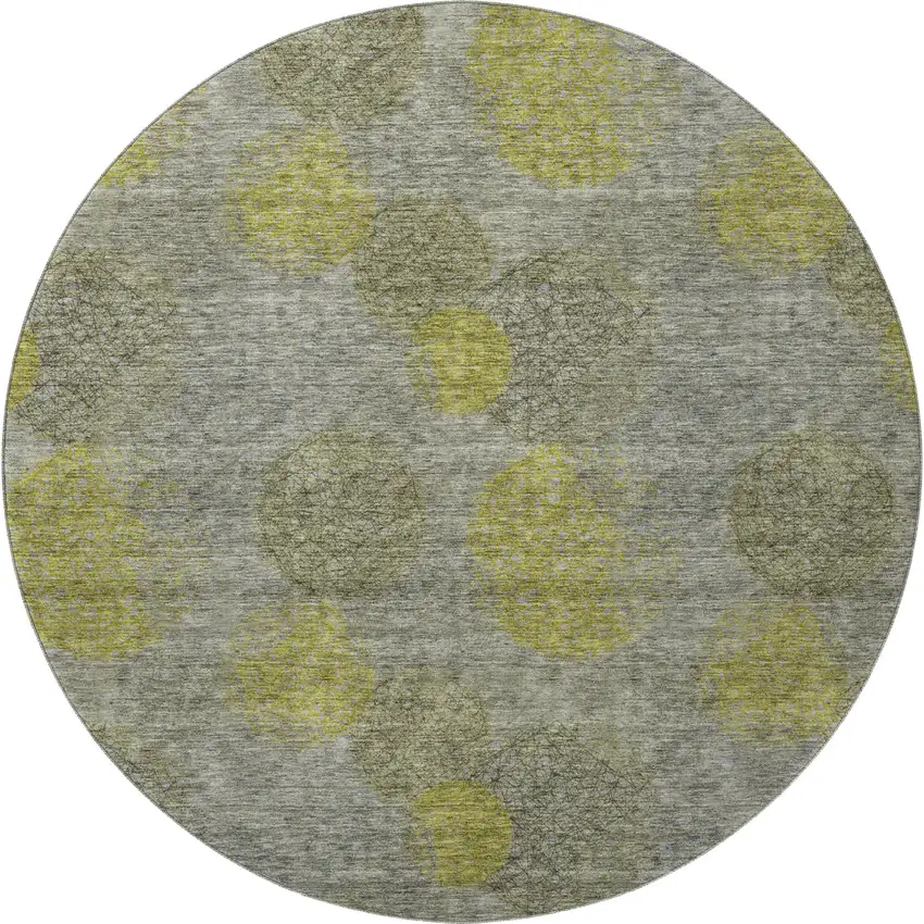 8' Gray Lime Green And Silver Abstract Washable Round Rug With UV Protection Photo 3
