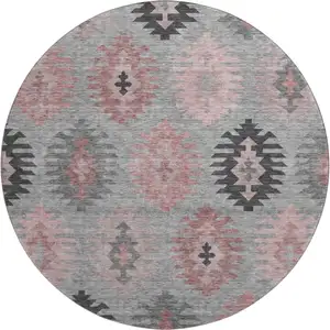 Photo of 8' Gray Mauve And Silver Southwestern Washable Round Rug With UV Protection