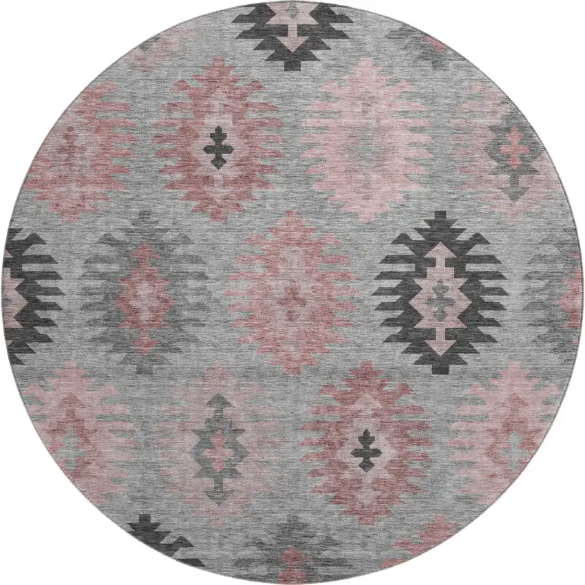 8' Gray Mauve And Silver Southwestern Washable Round Rug With UV Protection Photo 1