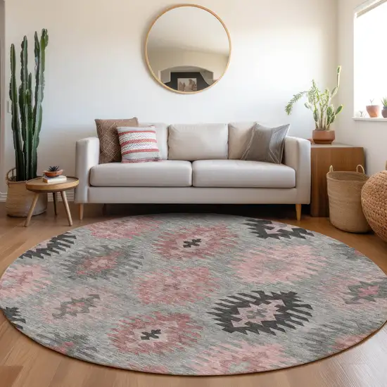 8' Gray Mauve And Silver Southwestern Washable Round Rug With UV Protection Photo 4
