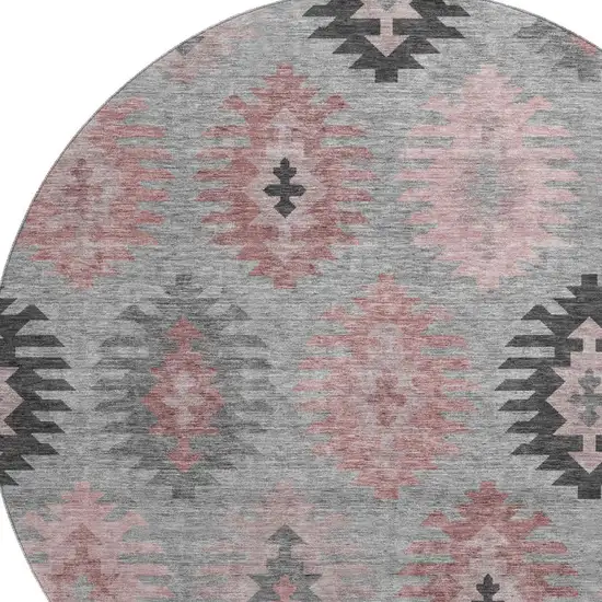 8' Gray Mauve And Silver Southwestern Washable Round Rug With UV Protection Photo 2