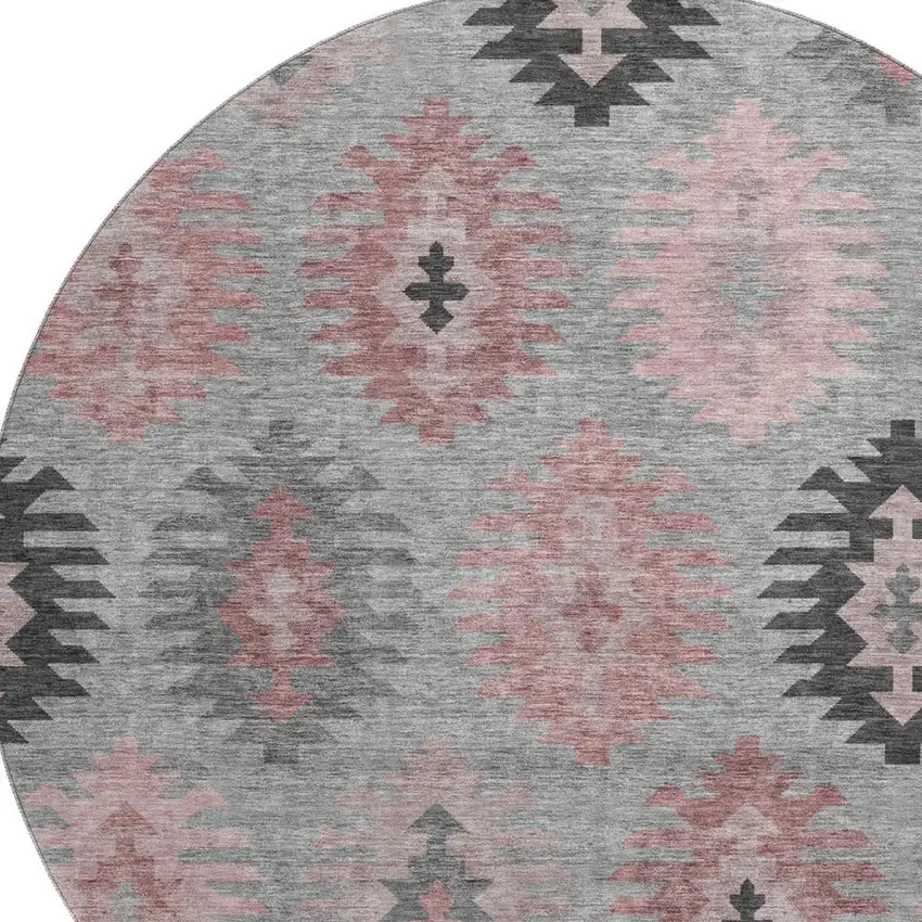 8' Gray Mauve And Silver Southwestern Washable Round Rug With UV Protection Photo 2