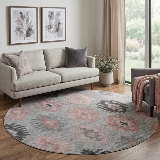 8' Gray Mauve And Silver Southwestern Washable Round Rug With UV Protection Photo 1