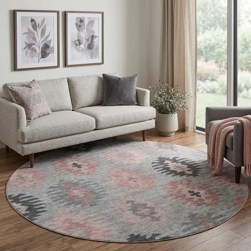 8' Gray Mauve And Silver Southwestern Washable Round Rug With UV Protection Photo 1