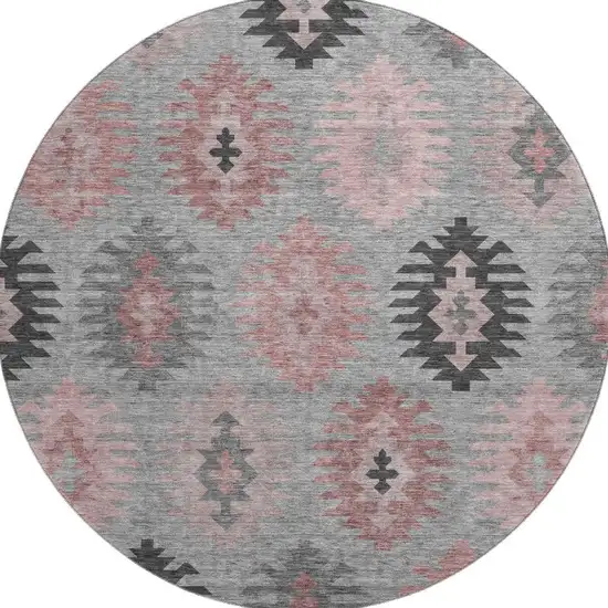 8' Gray Mauve And Silver Southwestern Washable Round Rug With UV Protection Photo 3