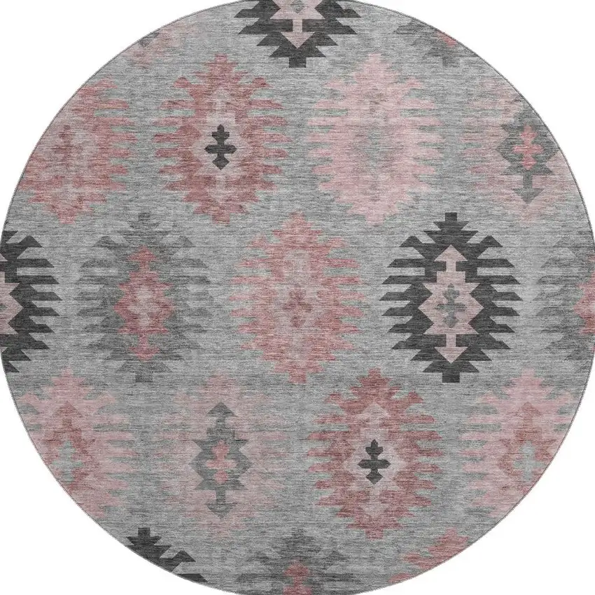 8' Gray Mauve And Silver Southwestern Washable Round Rug With UV Protection Photo 3