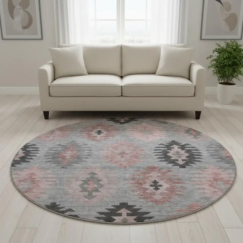 8' Gray Mauve And Silver Southwestern Washable Round Rug With UV Protection Photo 2
