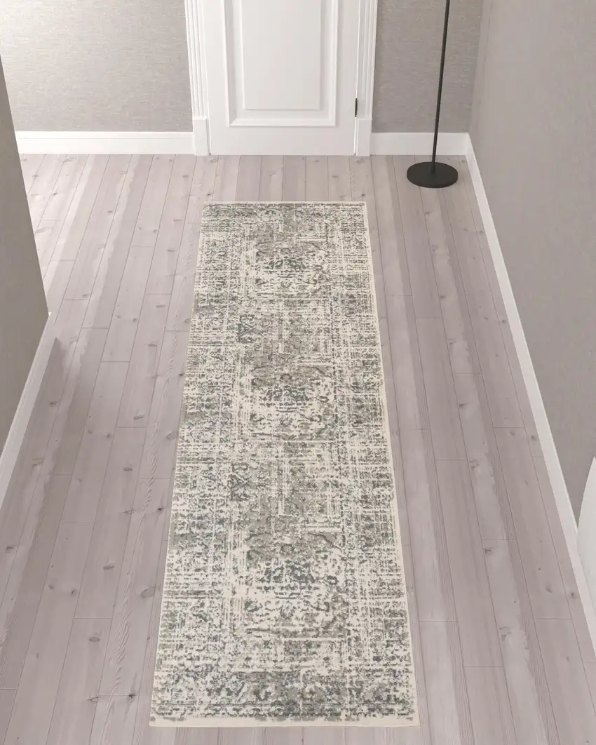 10' Gray Medallion Power Loom Runner Rug Photo 2