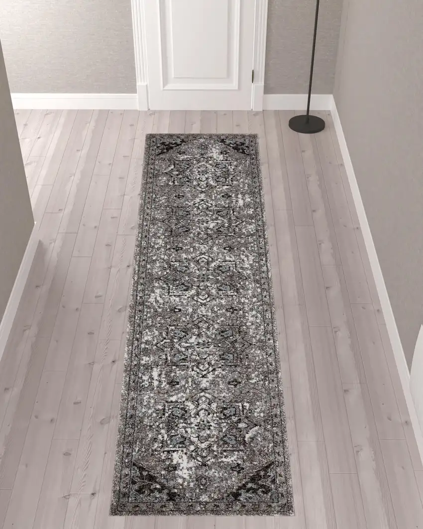 10' Gray Medallion Power Loom Runner Rug Photo 4