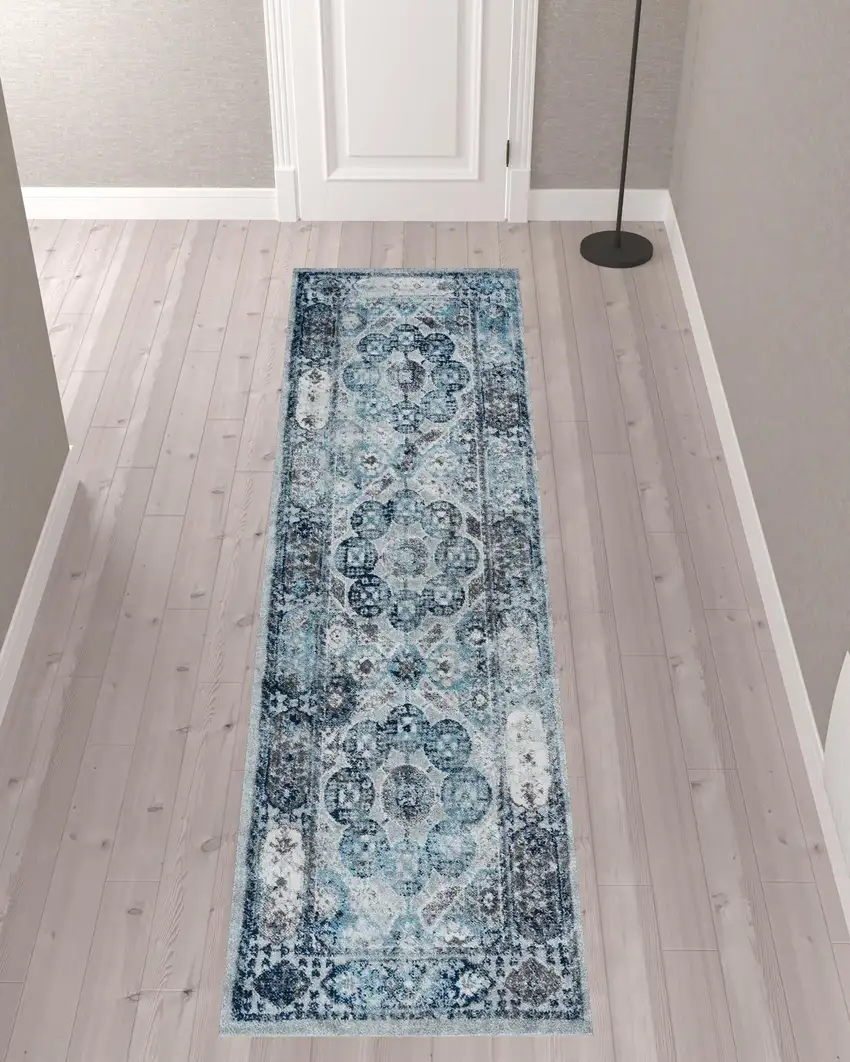 10' Gray Medallion Power Loom Runner Rug Photo 3