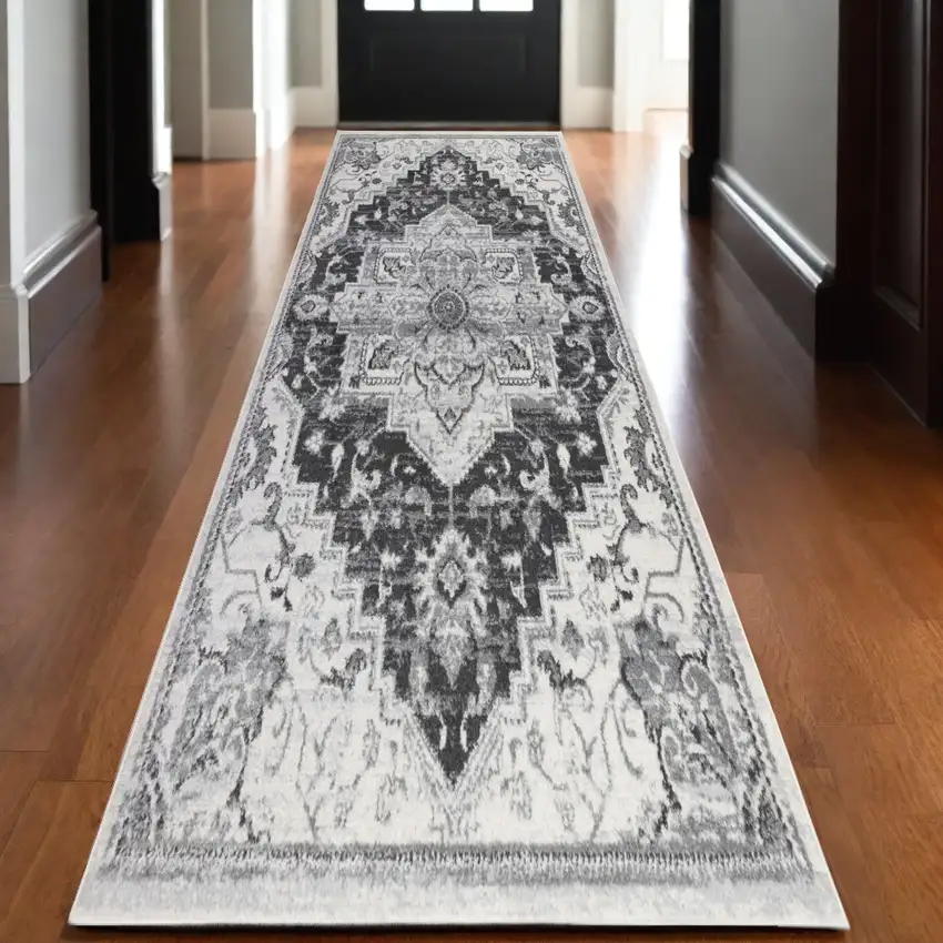10' Gray and Dark Gray Medallion Power Loom Runner Rug Photo 1