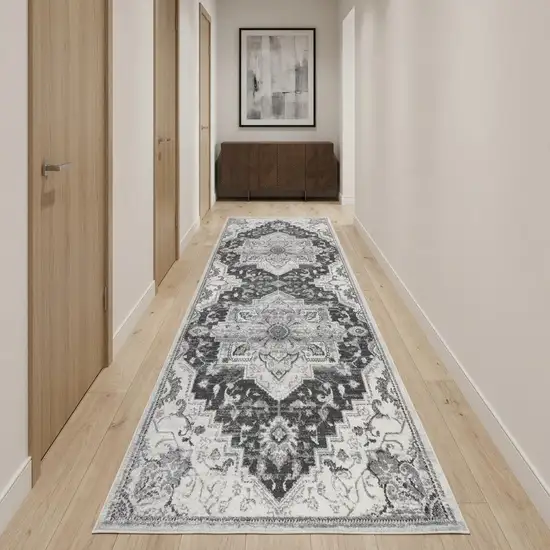 10' Gray And Dark Gray Medallion Runner Rug Photo 1