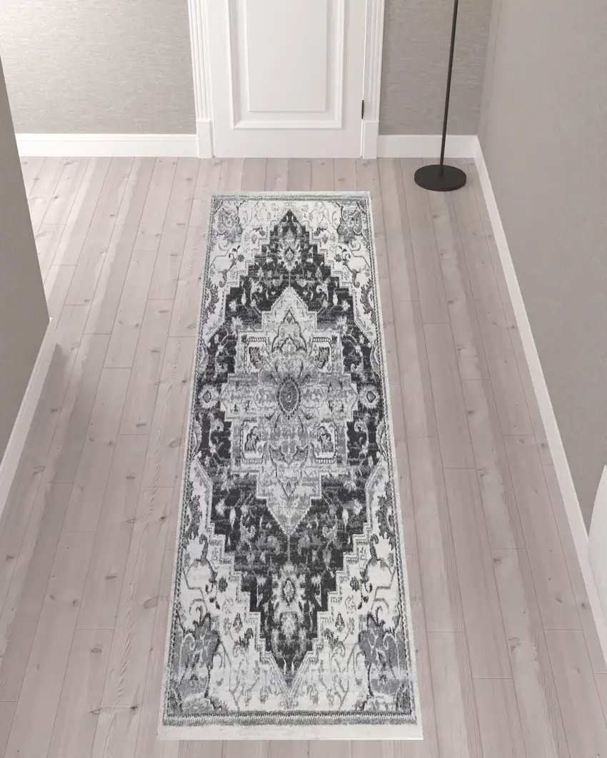 10' Gray Medallion Power Loom Runner Rug Photo 2