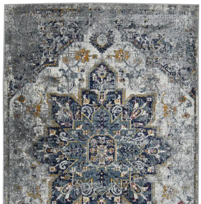 8' Gray Medallion Power Loom Runner Rug Photo 9