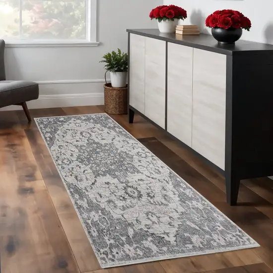 8' Gray And Dark Gray Medallion Runner Rug Photo 1