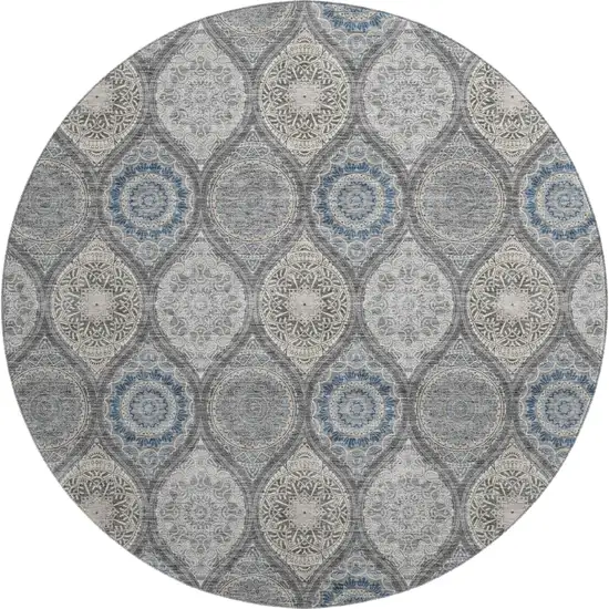 8' Gray Navy Blue And Beige Ogee Washable Round Rug With UV Protection Photo 1