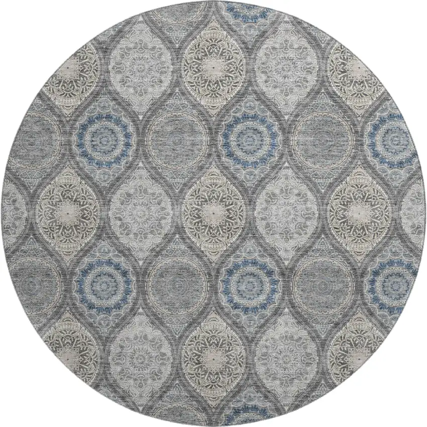 8' Gray Navy Blue And Beige Ogee Washable Round Rug With UV Protection Photo 1