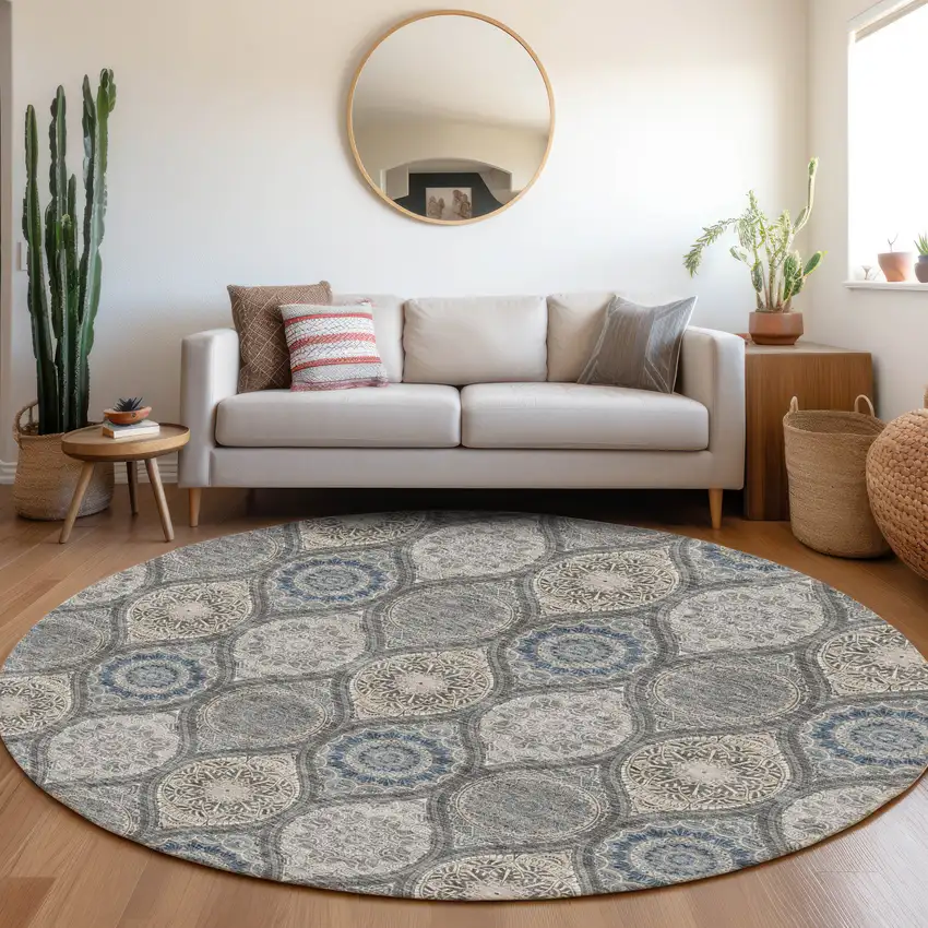 8' Gray Navy Blue And Beige Ogee Washable Round Rug With UV Protection Photo 4