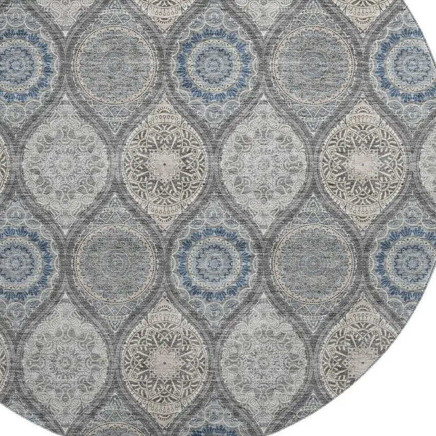 8' Gray Navy Blue And Beige Ogee Washable Round Rug With UV Protection Photo 2