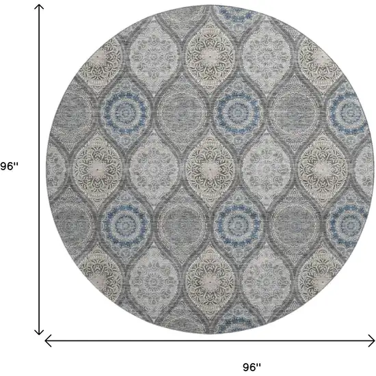 8' Gray Navy Blue And Beige Ogee Washable Round Rug With UV Protection Photo 9