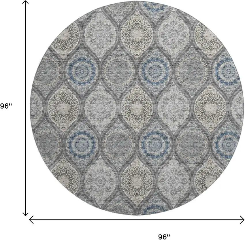 8' Gray Navy Blue And Beige Ogee Washable Round Rug With UV Protection Photo 9