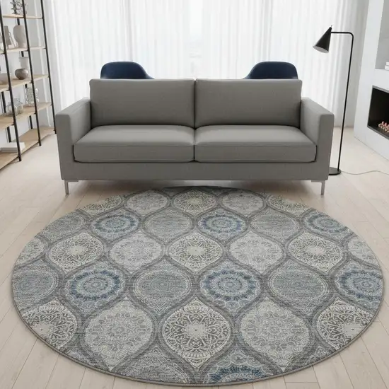 8' Gray Navy Blue And Beige Ogee Washable Round Rug With UV Protection Photo 2