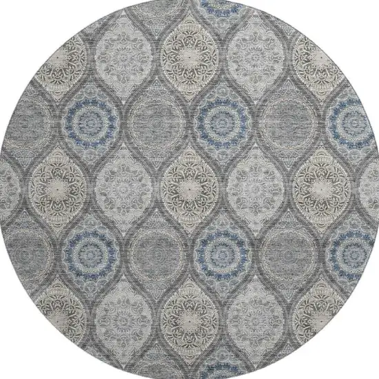 8' Gray Navy Blue And Beige Ogee Washable Round Rug With UV Protection Photo 3