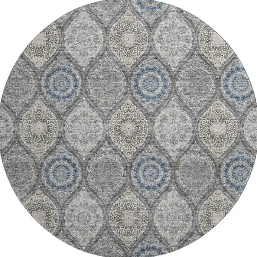 8' Gray Navy Blue And Beige Ogee Washable Round Rug With UV Protection Photo 3