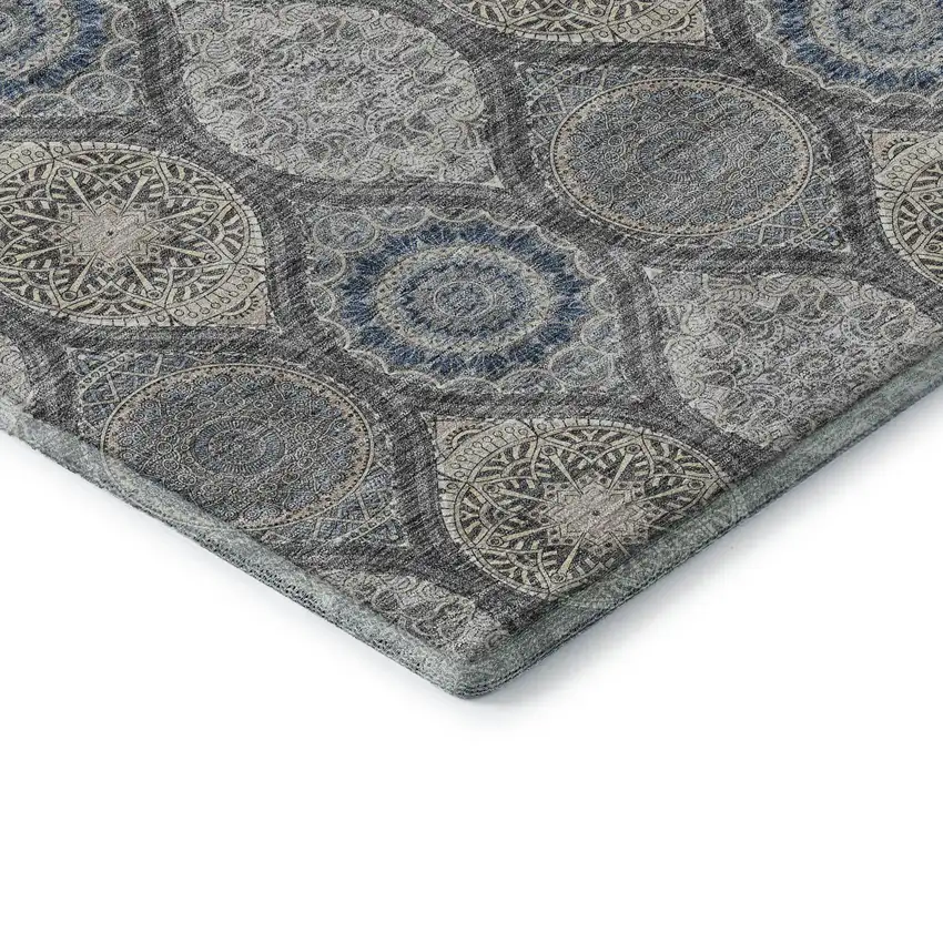 8' Gray Navy Blue And Beige Ogee Washable Round Rug With UV Protection Photo 6