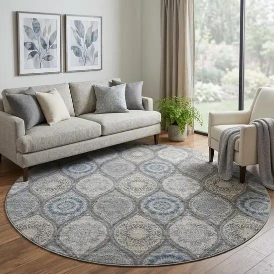 8' Gray Navy Blue And Beige Ogee Washable Round Rug With UV Protection Photo 1