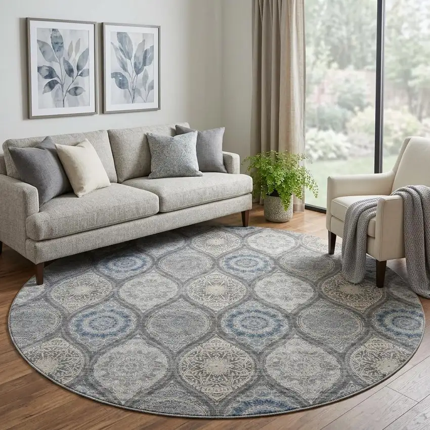 8' Gray Navy Blue And Beige Ogee Washable Round Rug With UV Protection Photo 1