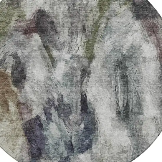 8' Gray Olive Green And Ivory Round Abstract Washable Indoor Outdoor Area Rug Photo 5