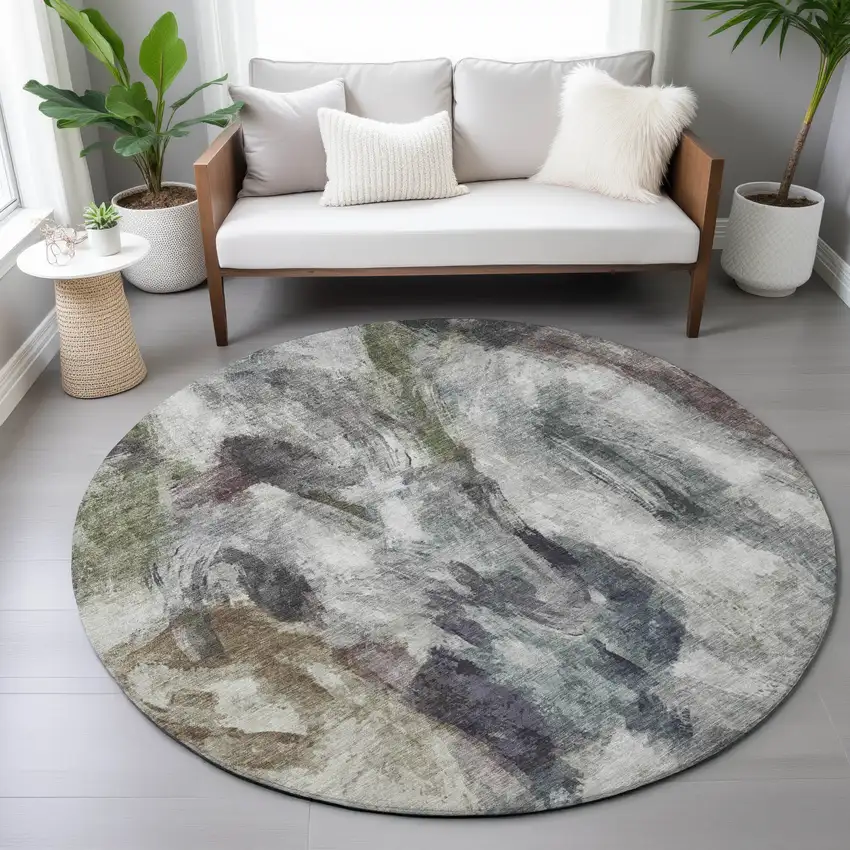 8' Gray Olive Green And Ivory Round Abstract Washable Indoor Outdoor Area Rug Photo 9