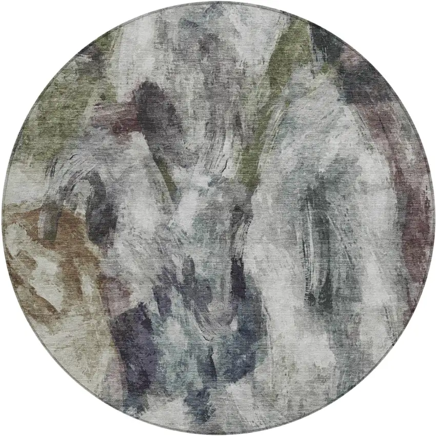 8' Gray Olive Green And Ivory Round Abstract Washable Indoor Outdoor Area Rug Photo 1