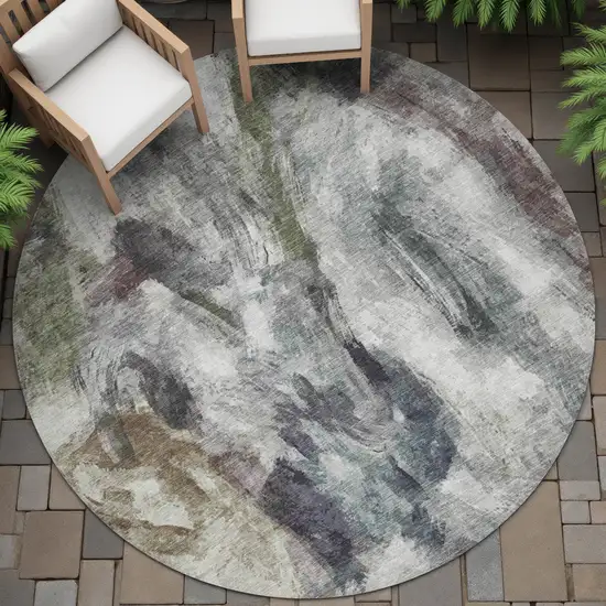 8' Gray Olive Green And Ivory Round Abstract Washable Indoor Outdoor Area Rug Photo 8