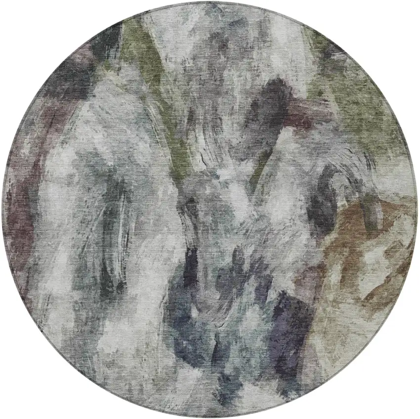 8' Gray Olive Green And Ivory Round Abstract Washable Indoor Outdoor Area Rug Photo 4