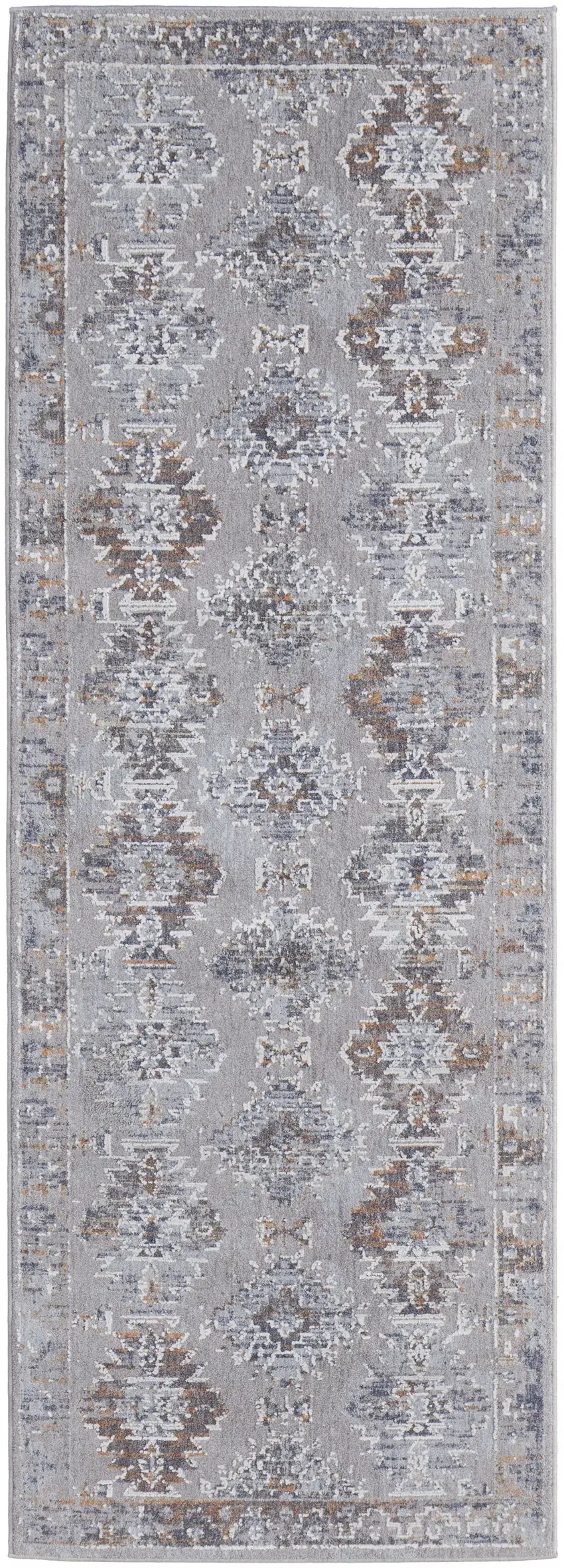 8' Gray Orange And Blue Geometric Power Loom Distressed Stain Resistant Runner Rug Photo 1