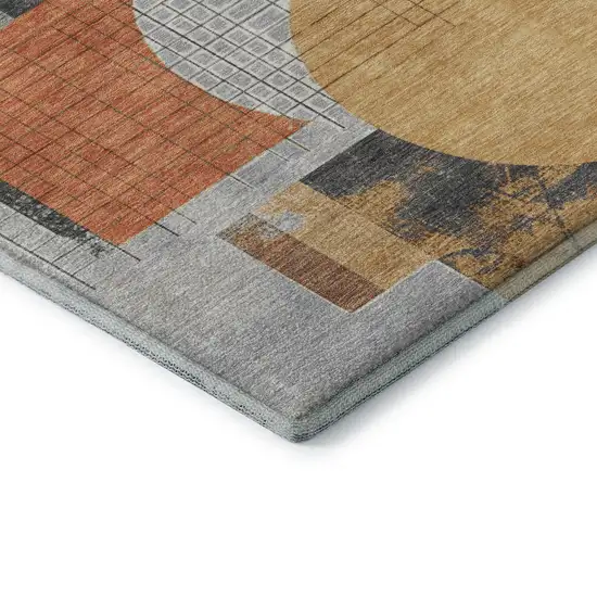 8' Gray Orange And Gold Geometric Washable Round Rug With UV Protection Photo 6