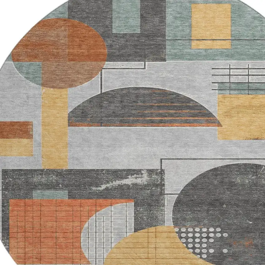8' Gray Orange And Gold Geometric Washable Round Rug With UV Protection Photo 2