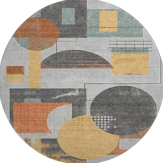 8' Gray Orange And Gold Geometric Washable Round Rug With UV Protection Photo 3
