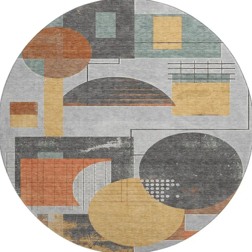 8' Gray Orange And Gold Geometric Washable Round Rug With UV Protection Photo 3