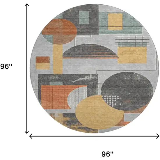 8' Gray Orange And Gold Geometric Washable Round Rug With UV Protection Photo 9