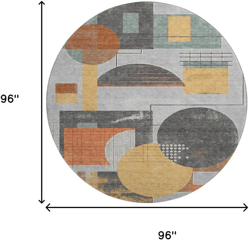 8' Gray Orange And Gold Geometric Washable Round Rug With UV Protection Photo 9