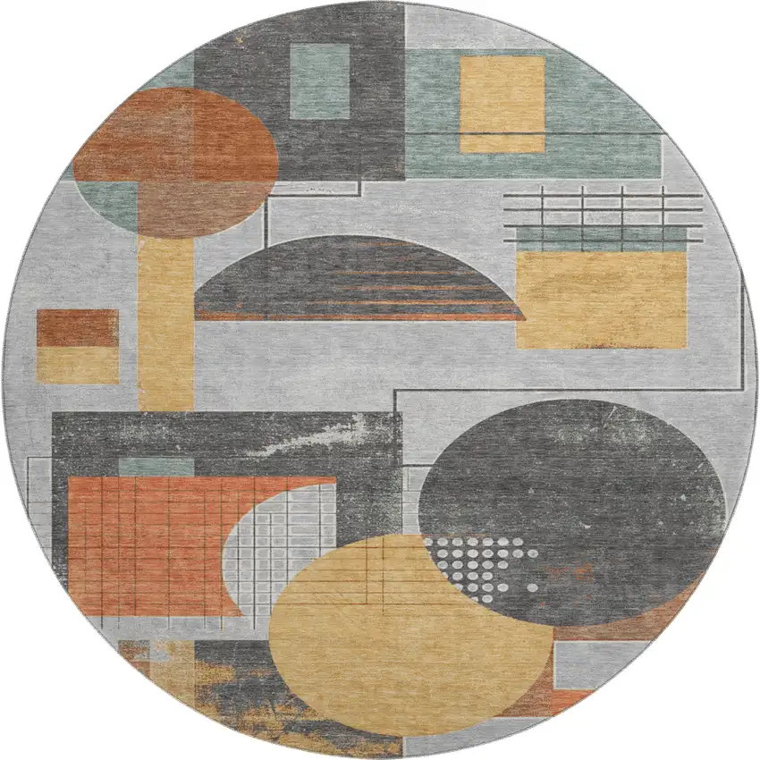 8' Gray Orange And Gold Geometric Washable Round Rug With UV Protection Photo 1